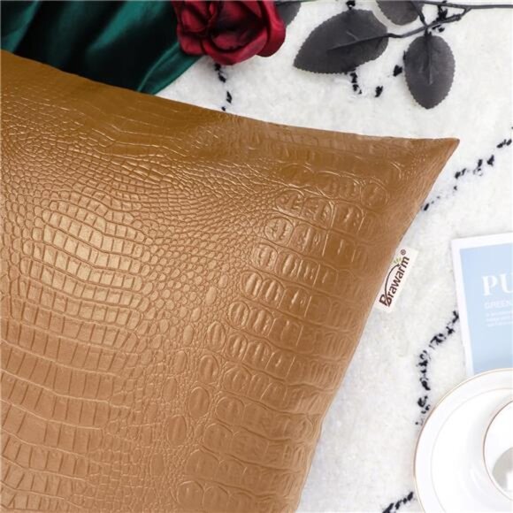 Faux Leather Pillow Covers 18 X 18 Inches, Tan Leather Pillow Covers Pack of 2 - Picture 5 of 7